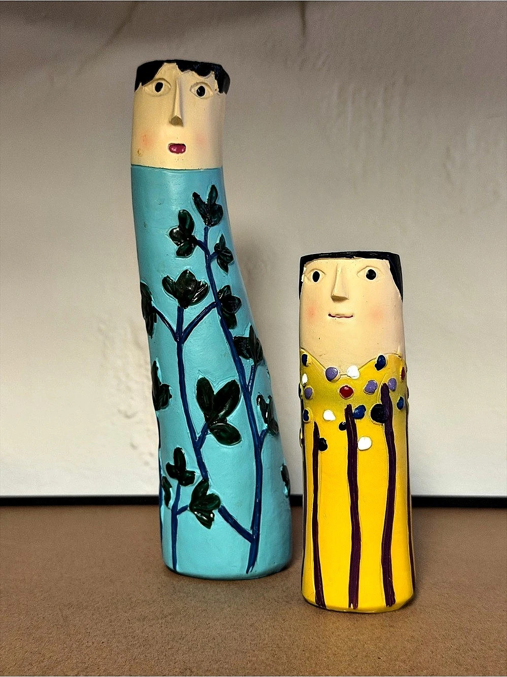 Hand-Painted Small Figure Sculpture Blue & Yellow  Unique Bud Vases